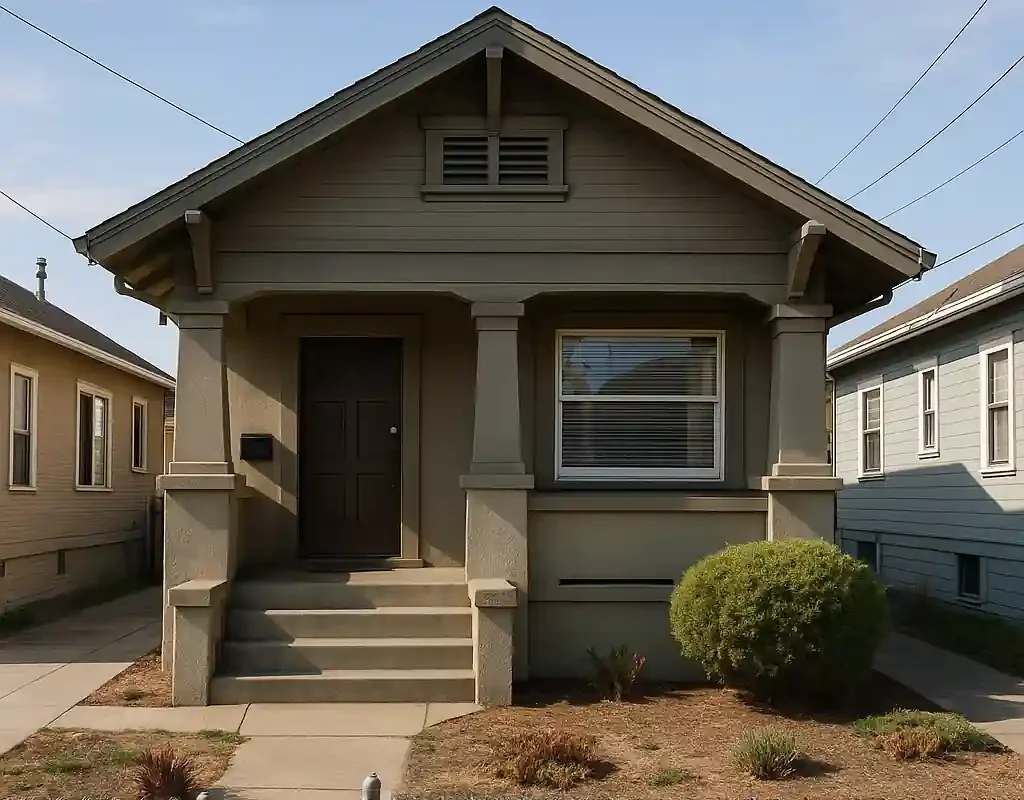 Sell my house fast East Oakland – Image of a single-story Craftsman-style home in East Oakland, California, with a small front yard and porch.