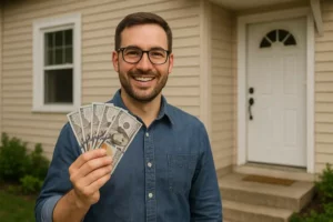 Friendly local cash home buyer standing outside a Stockton house holding money, representing “sell my house fast” services.