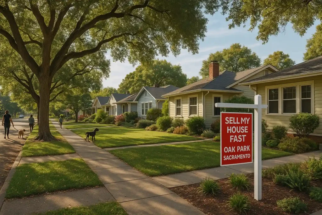 Sell my house fast Oak Park Sacramento banner with suburban home and bold text