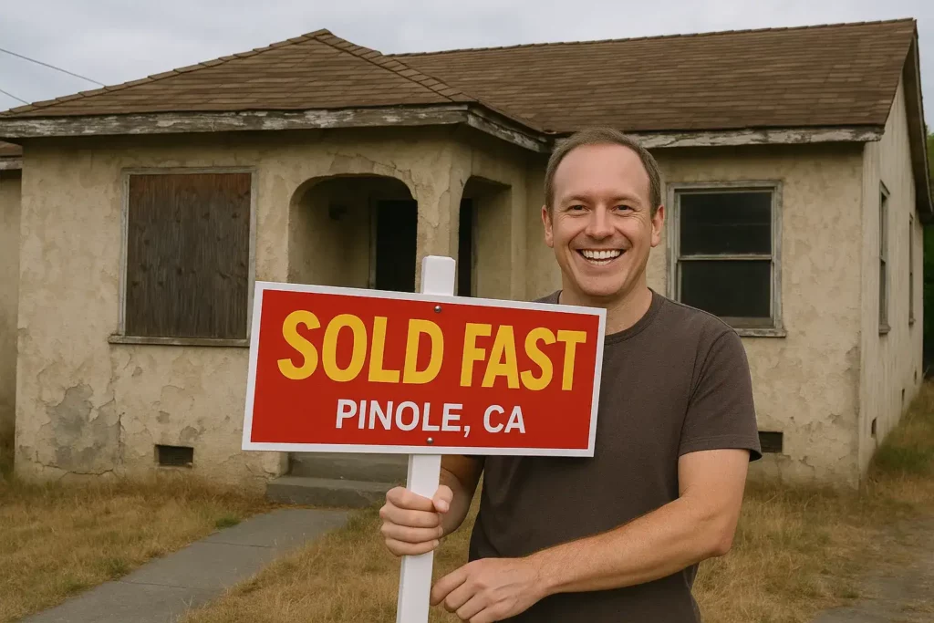 Happy homeowner in Pinole, CA standing outside a fixer-upper while holding a bright red and yellow “Sold Fast” sign — showing how simple it can be to sell your house fast for cash Pinole CA, no matter the condition.