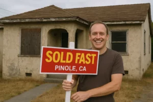 Happy homeowner in Pinole, CA standing outside a fixer-upper while holding a bright red and yellow “Sold Fast” sign. Sell My House Fast Pinole. We Buy Houses Pinole