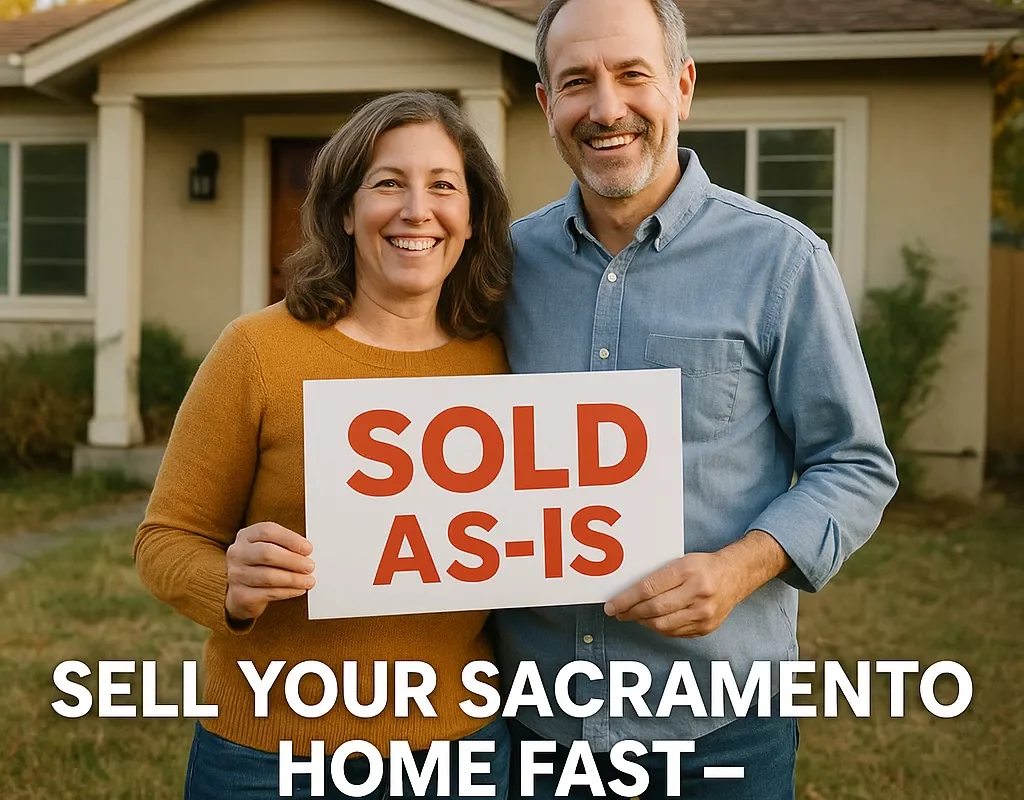 Happy middle-aged couple standing in front of a Sacramento home with a “SOLD AS-IS” sign, symbolizing a fast cash sale with no repairs or fees – perfect for "Sell My House Fast Sacramento" searches.