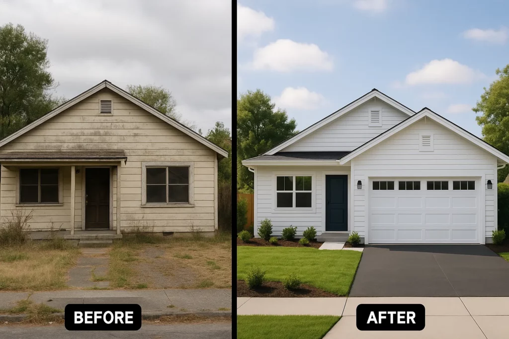 Before and after image of a San Rafael home sold as-is to a local cash home buyer — sell my house fast San Rafael CA