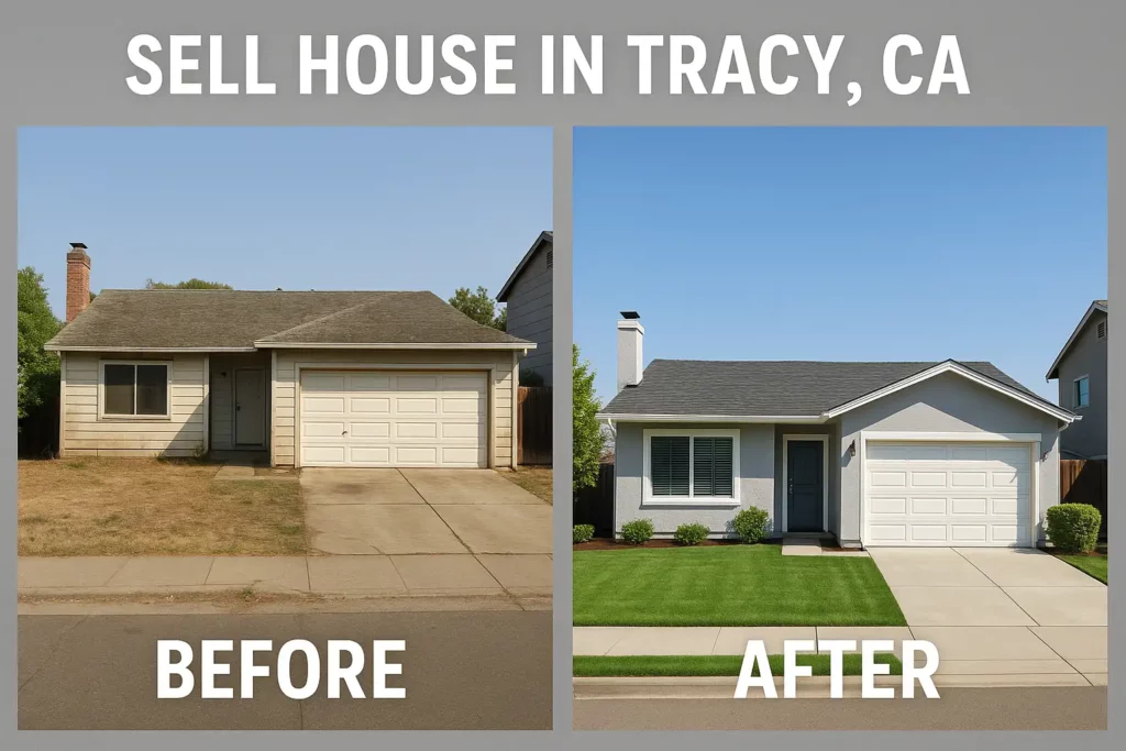 Before and after photo of a Tracy, CA home sold to a cash buyer — showcasing how we buy houses fast, as-is, with no repairs needed. Perfect example for homeowners looking to sell my house fast in Tracy.