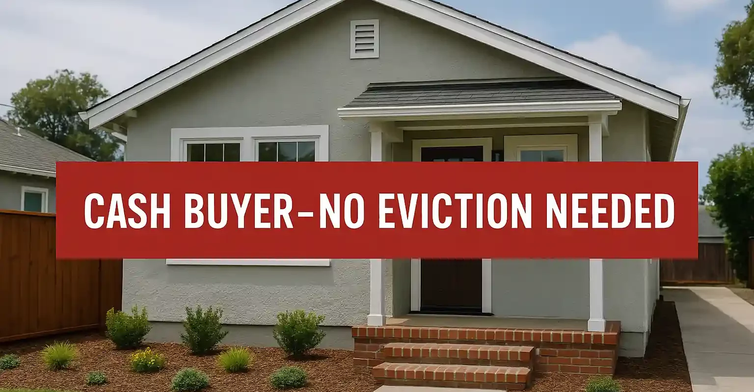Bay Area house with a red banner that reads “Cash Buyer – No Eviction Needed,” promoting fast sales of tenant-occupied properties