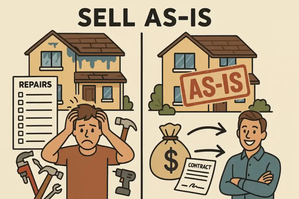 Split image showing the benefit of selling a water-damaged house as-is. Left side: frustrated homeowner with a long repair checklist and tools in front of a damaged home. Right side: same home stamped “AS-IS,” with a happy homeowner, cash bag, and sale contract, illustrating a fast, no-repair-needed sale.