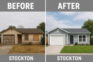 Before and after of a renovated house in Stockton, CA — showcasing a fast, cash home sale transformation by R&H Distressed Properties. Sell your house fast in Stockton, no repairs needed.