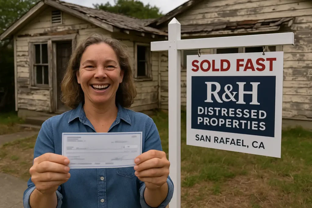 Happy woman holding a check outside her San Rafael home with a Sold Fast sign in the yard after selling to local cash home buyer R&H Distressed Properties, promoting sell my house fast San Rafael CA and we buy houses San Rafael California.