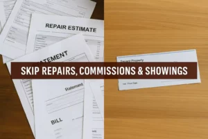 Split image showing a cluttered desk with bills and repair estimates on the left, and a clean desk with a check labeled “Final Sale – Tenant Property” on the right, representing the simplicity of selling a rental home as-is for cash.