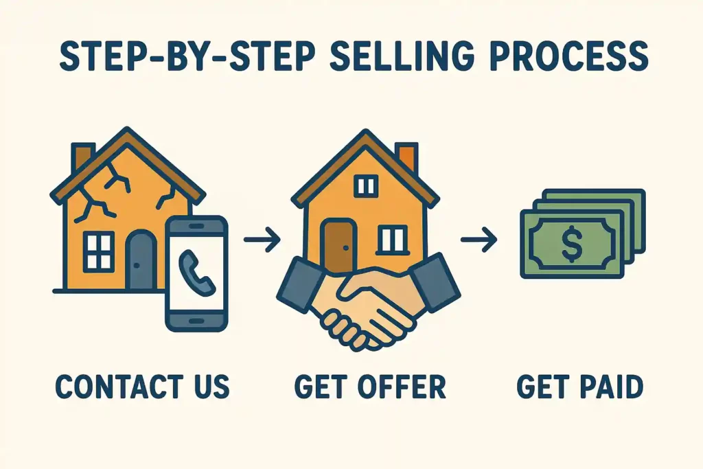 Step-by-step infographic showing how to sell a water-damaged and moldy house fast: Contact Us, Get Offer, Get Paid – with icons of a damaged home, handshake, and cash stack.