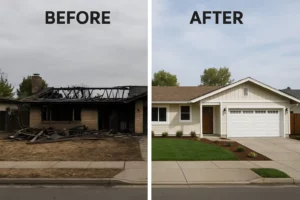 Before and after photo of a burned California ranch-style home, showing transformation after seller chose to sell fire damaged house, or burned house, as-is