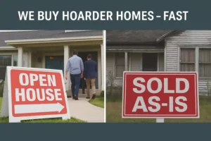 Split-screen image comparing an open house and a sold as-is hoarder home — highlighting how we buy hoarder houses fast, no repairs needed.