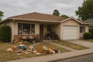 Single-story California home with visible clutter in windows and front yard, showing early signs of hoarding — related to Level 1 hoarding in the Bay Area.
