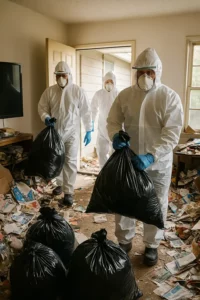 Professional cleaning crew in hazmat suits clearing trash bags and debris from a hoarder house, illustrating severe cleanup conditions from the blog “what are the 5 levels of hoarding.
