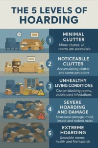 Vertical infographic from the blog “what are the 5 levels of hoarding” showing the progression of hoarder house conditions from minimal clutter to extreme hazards across Levels 1 to 5.