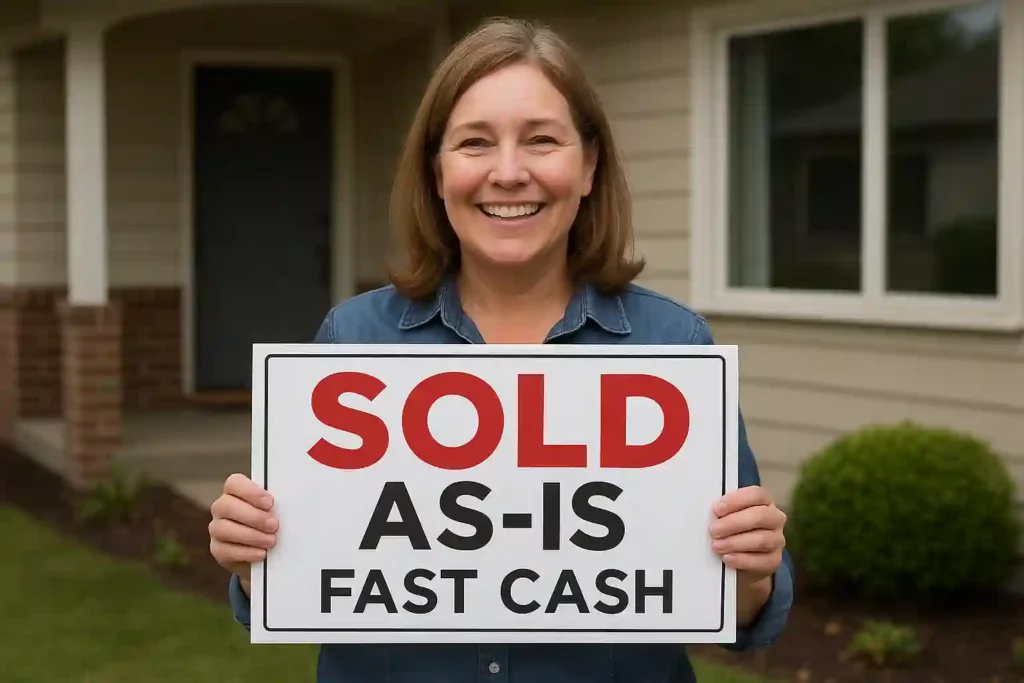 Happy homeowner holding a "SOLD AS-IS" sign in front of her house after working with a local cash buyer to Sell My House Fast Before Foreclosure Concord California.