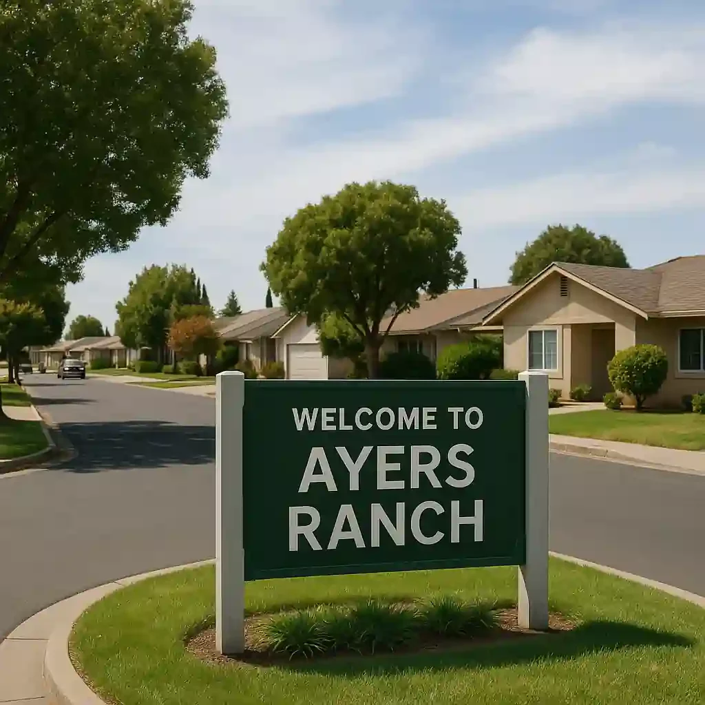 Welcome sign at the entrance to Ayers Ranch in Concord, California, with a suburban street view and single-story homes—representing the neighborhood for Sell My House Fast Ayers Ranch, Concord California.