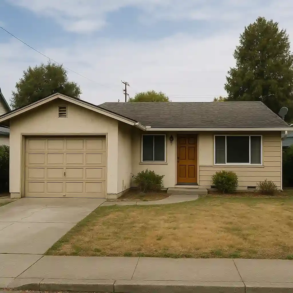Single-story 1960s ranch-style home with garage in Baldwin Park neighborhood, Concord CA—representing a typical inherited or fixer property for Sell My House Fast Baldwin Park, Concord California.