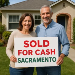 Middle-aged homeowners outside a Sacramento-style house holding a sign that reads 'Sell My House for Cash Sacramento'.