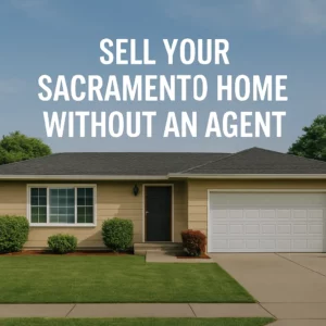 Ranch-style single-story house with clean landscaping and text overlay that reads “Sell Your Sacramento Home Without an Agent,” used for a landing page targeting houses for sale Sacramento.