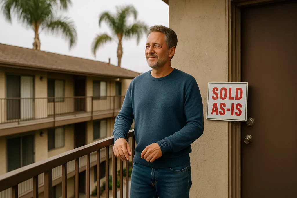 Middle-aged Stockton condo owner standing on a balcony next to a "Sold As-Is" sign, representing a fast condo sale. We buy condos for cash Stockton — no repairs, no agent fees, close fast.