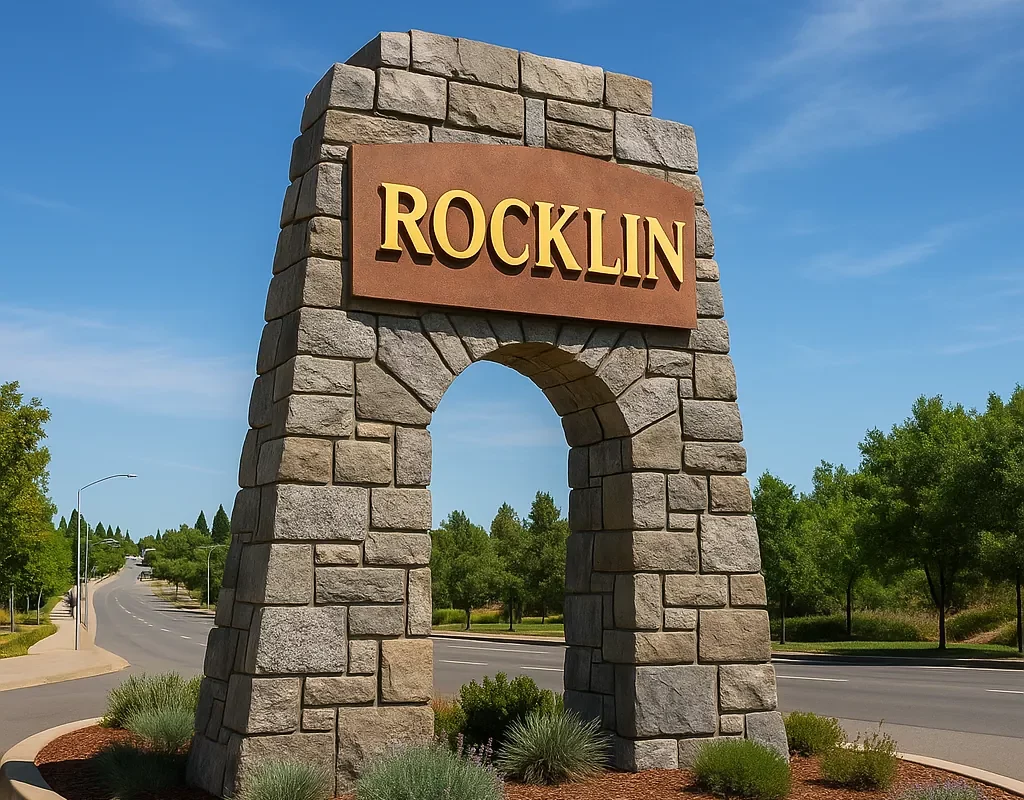Sell my house fast in Rocklin CA – Rocklin stone entrance sign under a clear blue sky