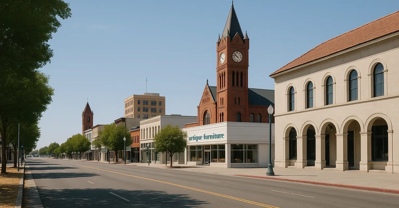 Downtown Yuba County street with historic buildings and clock tower on a clear day — ideal for a “sell my house fast Yuba County” cash buyer website.