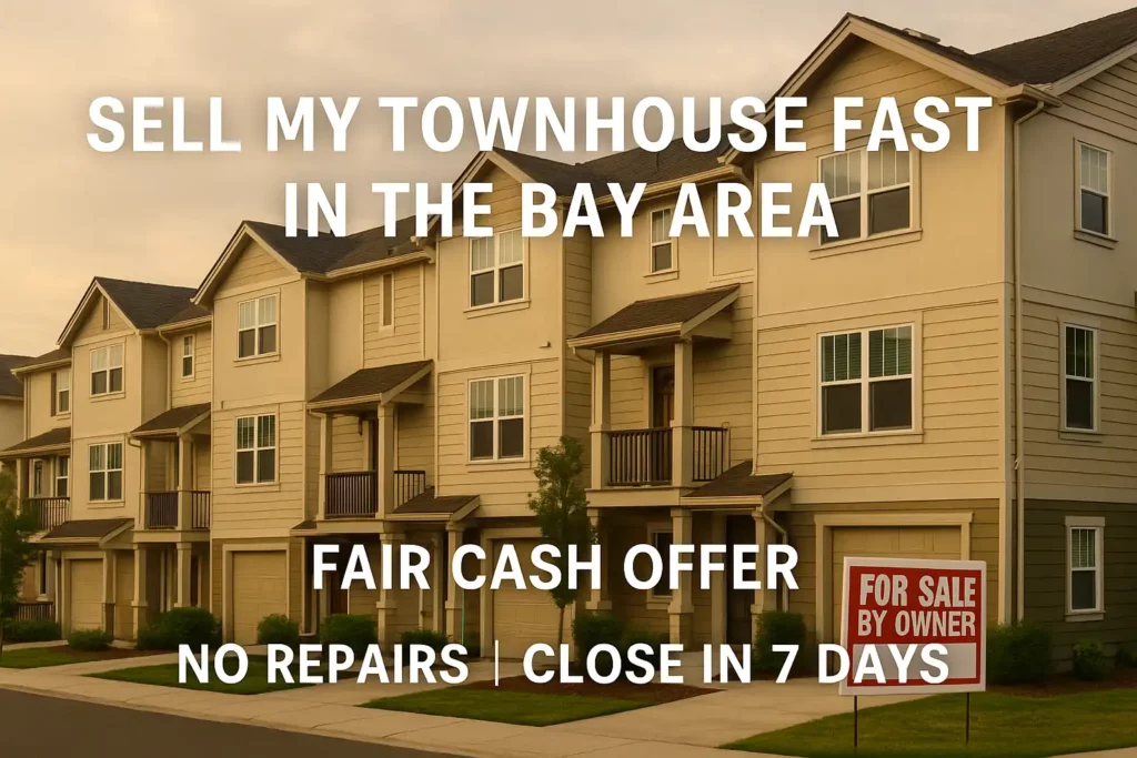 Sell My Townhouse Fast Bay Area – No Repairs, No Fees, Cash Offer Today; image shows Bay Area townhouses with a "For Sale By Owner" sign, highlighting a fast cash sale opportunity for motivated homeowners.