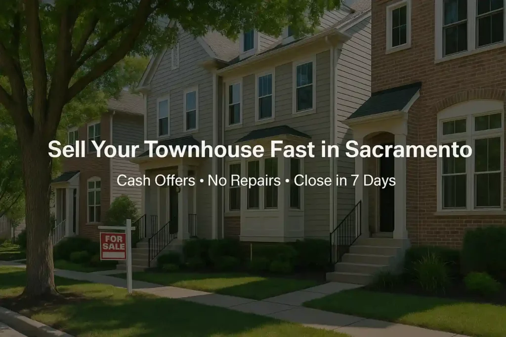 Row of Sacramento townhouses with for sale sign and banner reading "Sell Your Townhouse Fast in Sacramento – Cash Offers, No Repairs, Close in 7 Days"