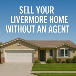 Ranch-style single story home with manicured lawn and text overlay that reads “Sell Your Livermore Home Without an Agent,” used for a landing page targeting Livermore homes for sale.