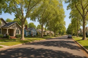 Tree-lined street in a Sacramento neighborhood with single-story homes and natural sunlight, representing a peaceful local setting for Sell House Fast services.