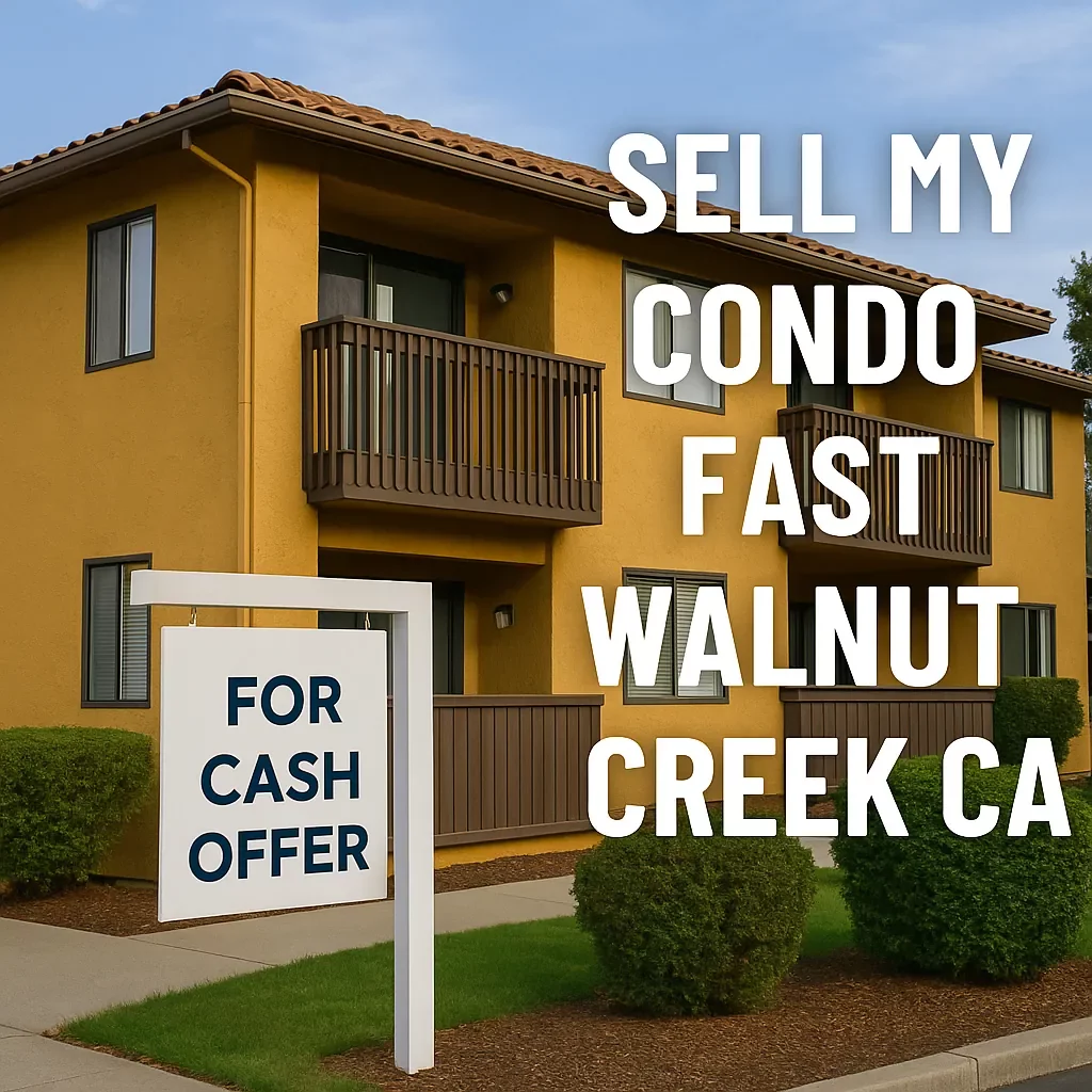 Sell My Condo Fast Walnut Creek – Older Two-Story Condo Building in Walnut Creek California with Cash Sale Signage