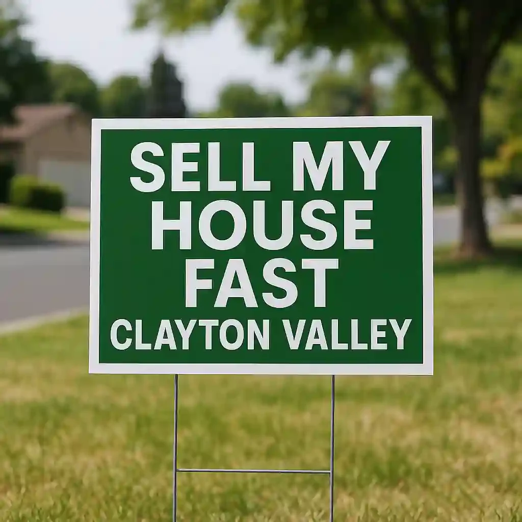 Green yard sign with bold white letters reading “Sell My House Fast Clayton Valley,” placed on a lawn in a suburban Concord, California neighborhood.