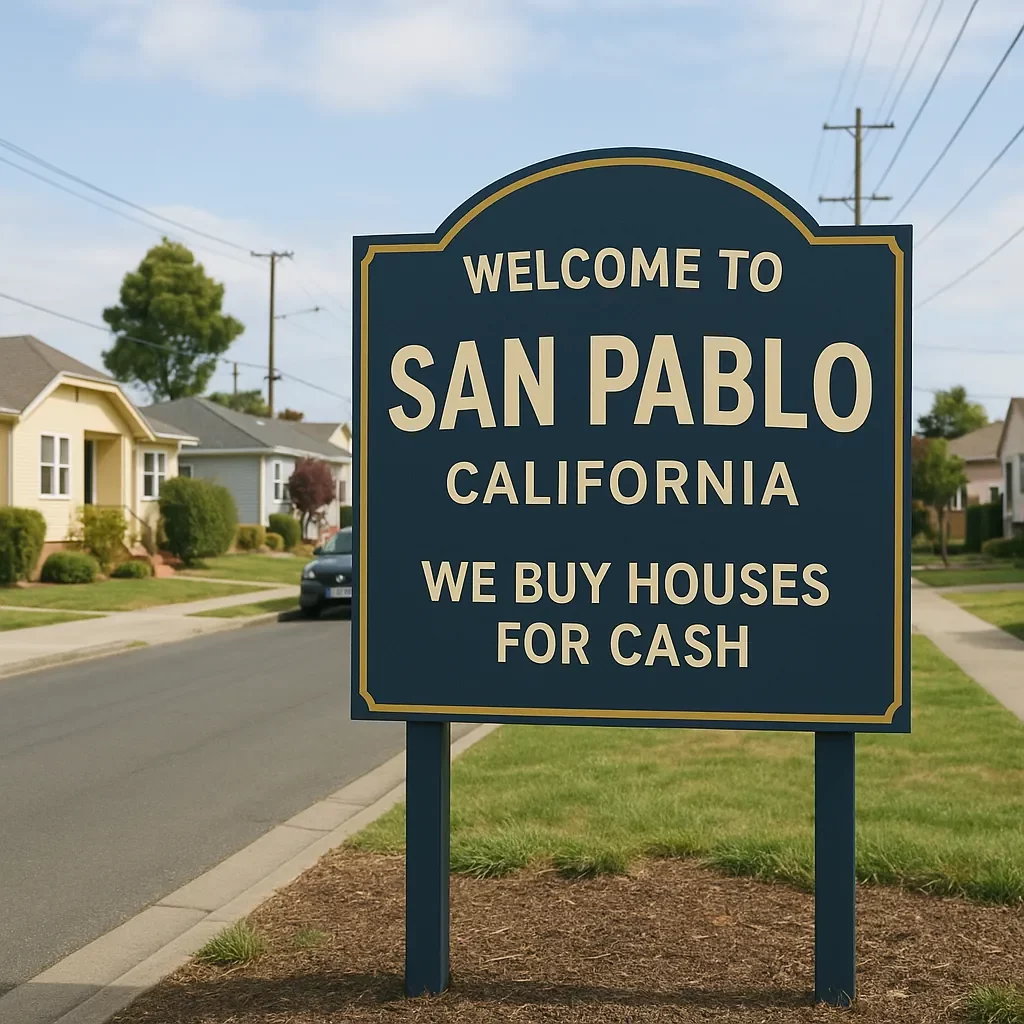 Welcome to San Pablo, California sign in a residential neighborhood, promoting "We Buy Houses San Pablo For Cash"—ideal for homeowners looking to sell my house fast San Pablo CA.