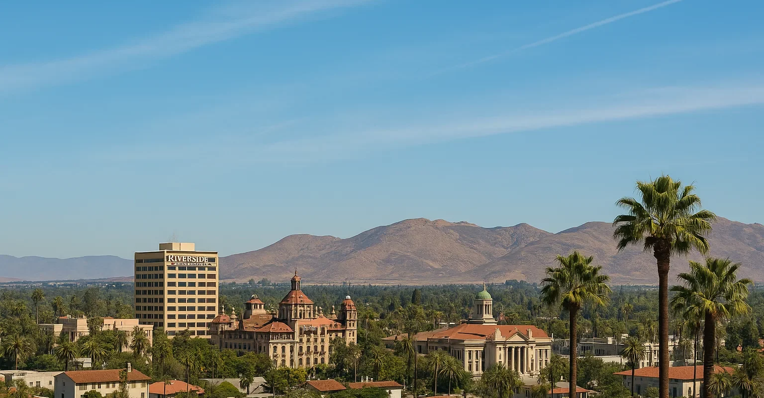 Sell my house fast Riverside – scenic view of downtown with palm trees and mountains