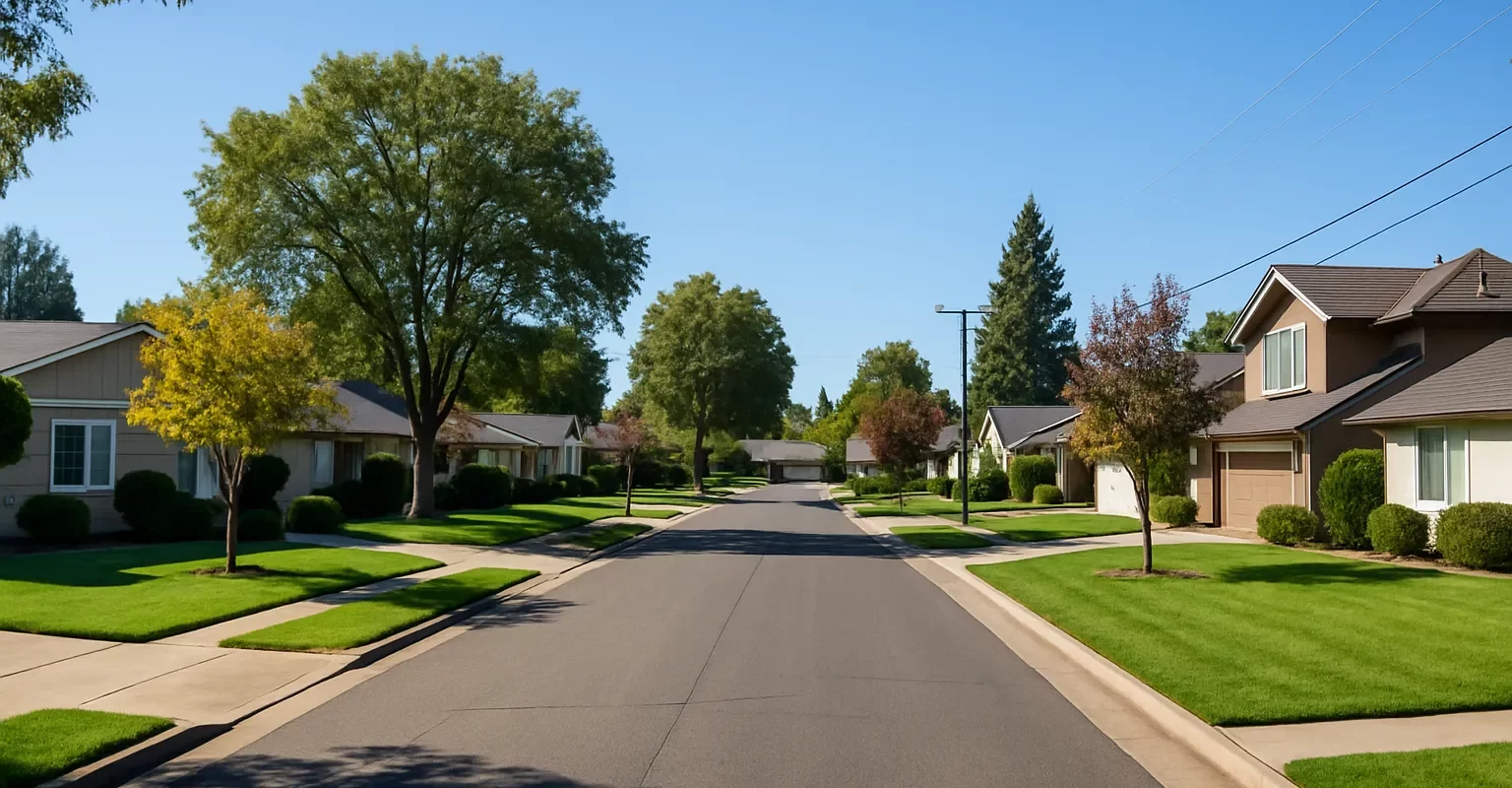 We buy houses in Carmichael – Suburban neighborhood showcasing residential homes.