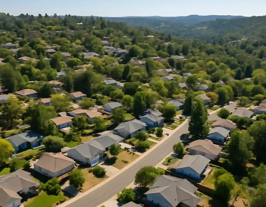 Aerial view of a residential neighborhood in Auburn CA, ideal for a landing page about how to sell my house in Auburn CA.