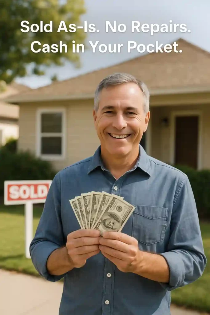 Older gentleman holding cash with a house in the background in San Mateo CA. Overlay text reads Sold As-Is and Cash in Your Pocket, promoting sell my house fast San Mateo and we buy houses San Mateo.