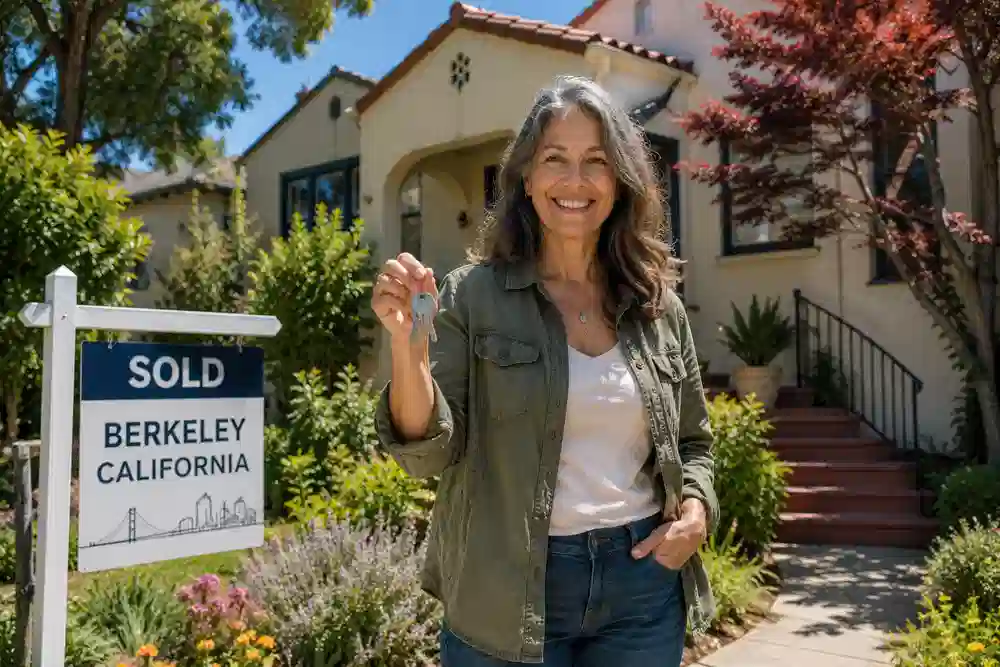 Best way to sell your house in Berkeley, California, with a happy homeowner holding keys outside her home.