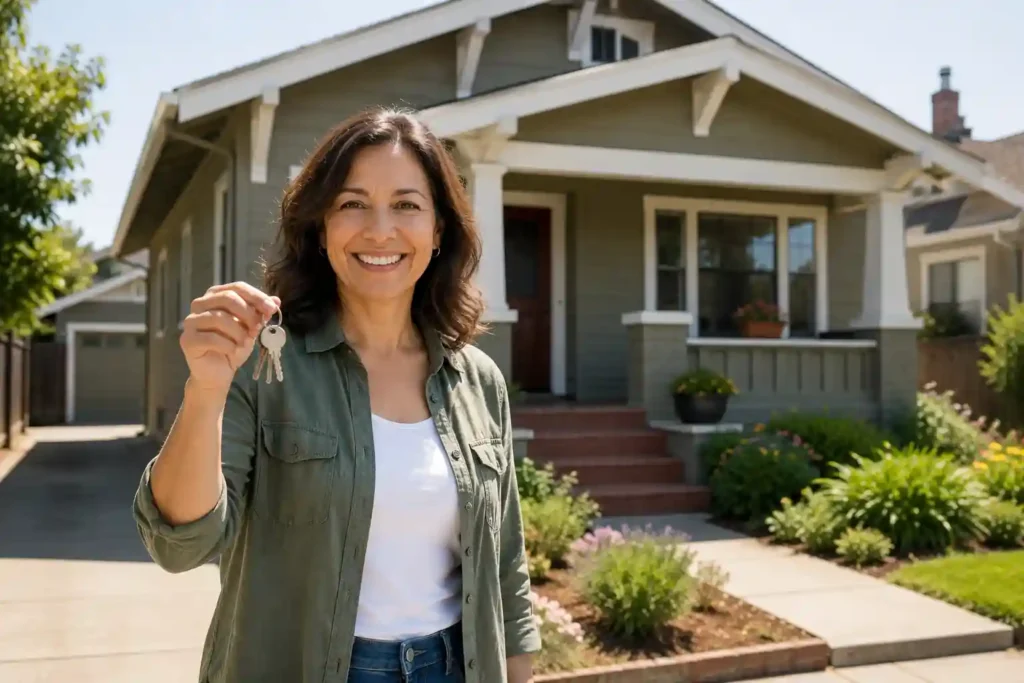 Best way to sell your house in San Leandro, California, with a happy homeowner holding keys outside her home.