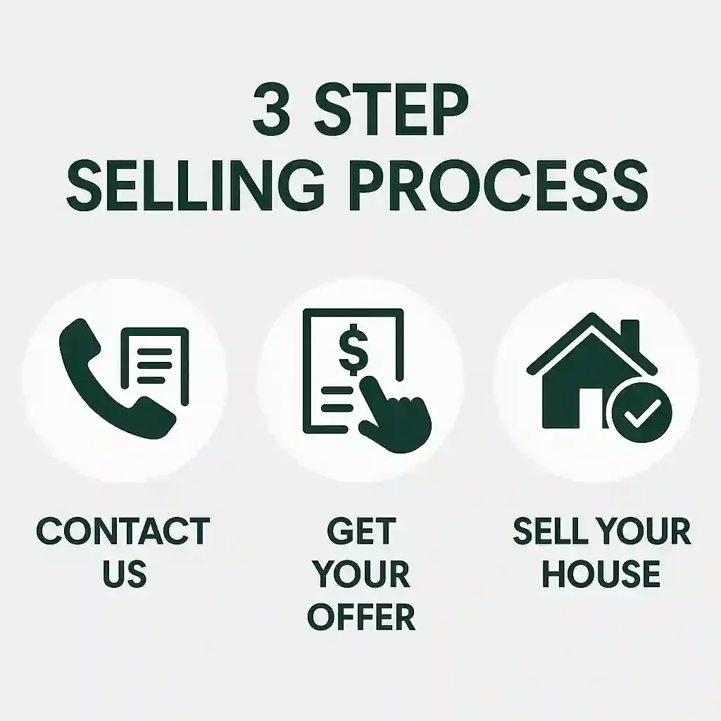 3 step home selling process showing contact us, get a fair cash offer, and sell your house fast with R&H Distressed Properties. Santa Clara cash home buyer​