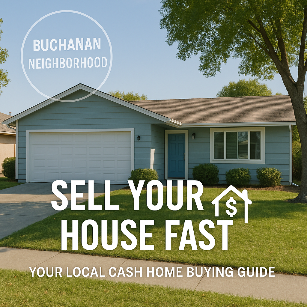Sell my house fast Pittsburg CA – Buchanan Neighborhood local cash home buyer guide with circular stamp and Pittsburg ranch style home.