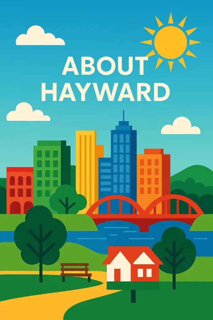 Colorful flat-style illustration for the About Hayward California section with bright city skyline, bridge, green hills, and sunny sky, used on R&H Distressed Properties landing page to highlight sell my house fast Hayward and cash home buyer services.