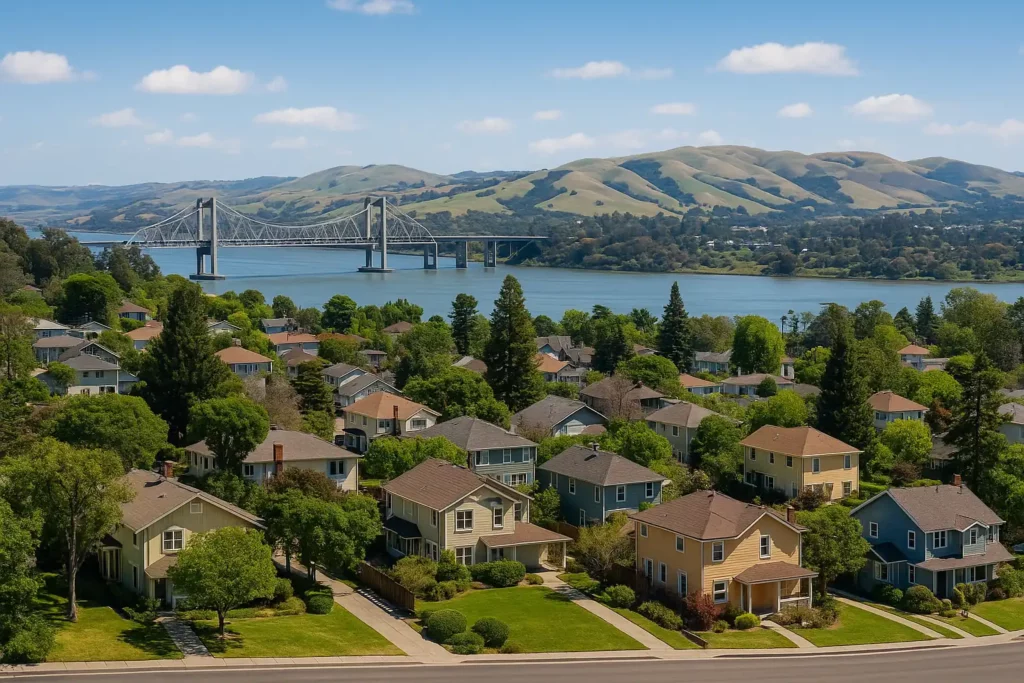 Scenic view of Martinez California neighborhoods with tree-lined streets in the foreground and the Carquinez Strait and bridge in the background, showcasing the local community and lifestyle for homeowners interested in sell my house fast Martinez CA and we buy houses Martinez.