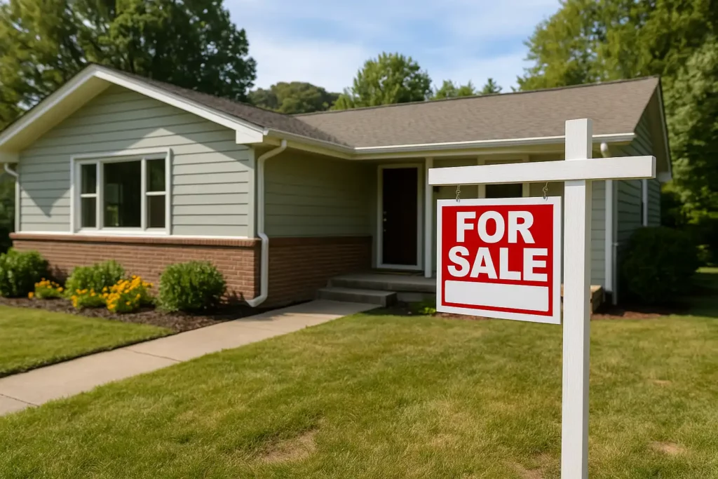 Orinda California ranch style home for sale with red yard sign in front.