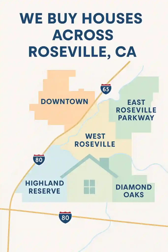 Map of Roseville CA with highlighted neighborhoods Downtown, West Roseville, East Roseville Parkway, Johnson Ranch, Highland Reserve, and Diamond Oaks showing areas where we buy houses fast for cash.
