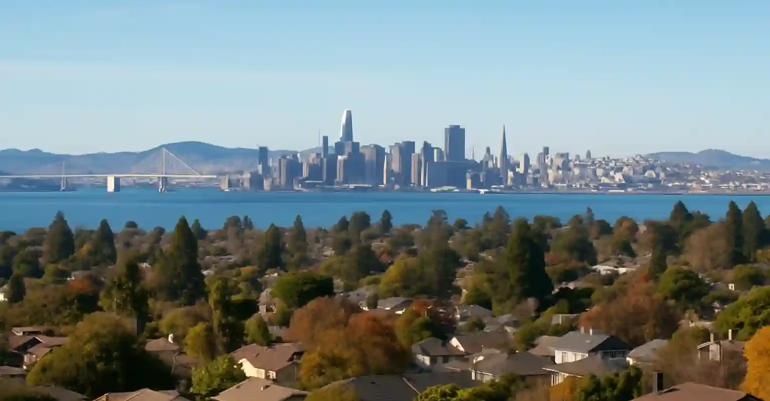 We buy houses Berkeley CA – panoramic city view with residential homes, San Francisco Bay, and skyline in the distance, ideal for sell my house fast Berkeley CA and cash home buyers.