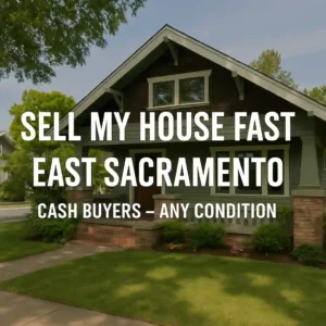 sell my house fast east sacramento  ca– classic East Sacramento Craftsman-style home on a leafy street with overlay text highlighting cash buyers for any condition.