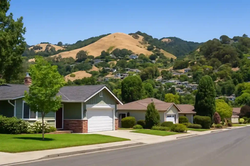 El Sobrante CA hillside neighborhood with single-family homes, tree-lined streets, and rolling hills in the background – we buy houses and help homeowners sell fast for cash.