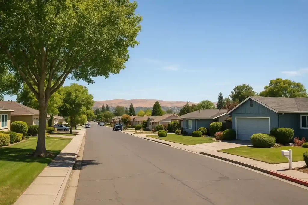 Pacheco CA suburban street with single-family homes, leafy trees, and rolling Contra Costa hills – we buy houses and help homeowners sell fast for cash.